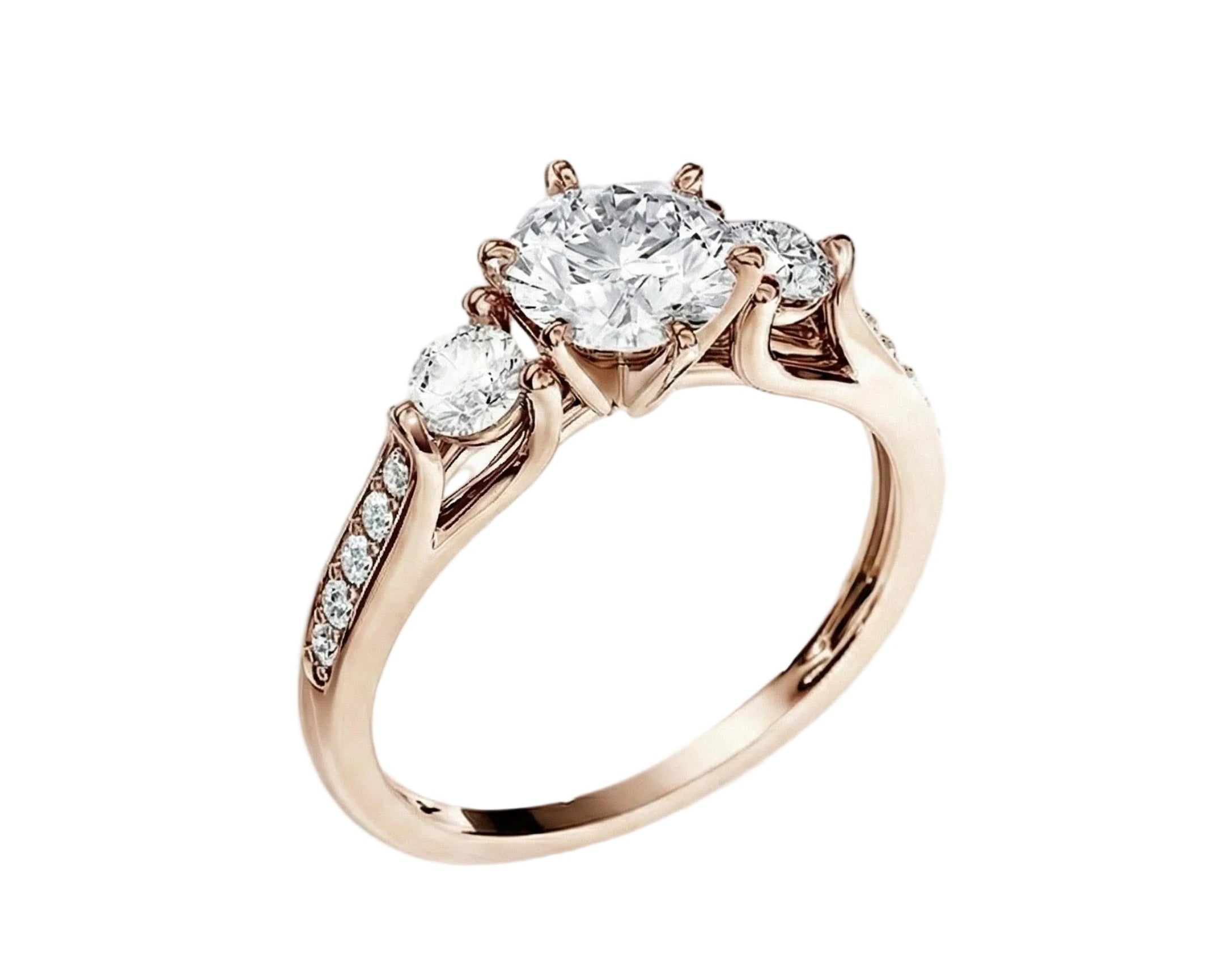 Symmetrical top-down view of the Legacy Trilogy three-stone moissanite ring in rose gold.