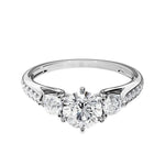 Cathedral setting trilogy ring with diamonds on band side view details