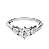 Cathedral setting trilogy ring with diamonds on band side view details