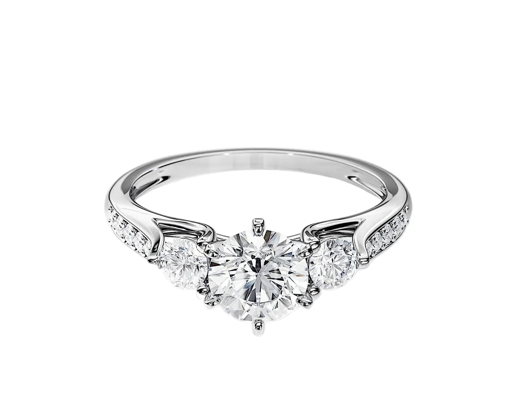 Cathedral setting trilogy ring with diamonds on band side view details