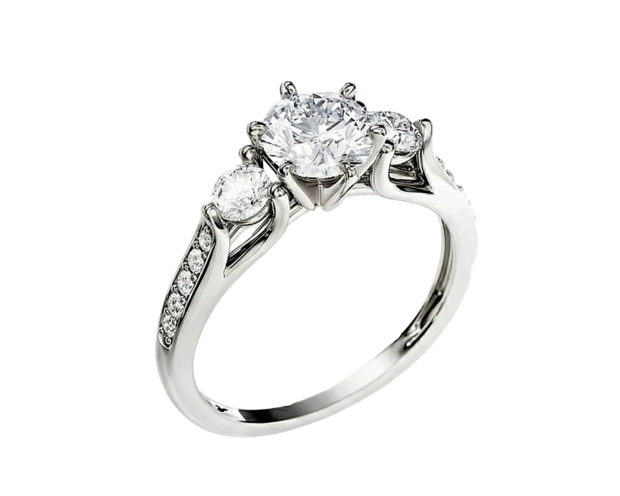 Symmetrical top-down view of the Legacy Trilogy three-stone moissanite ring in white gold.