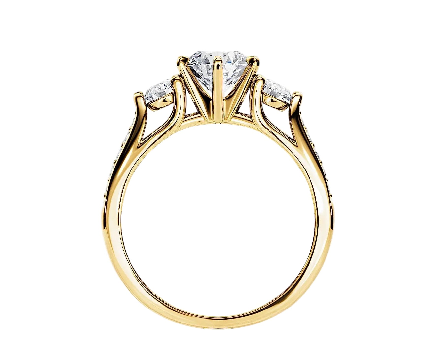 Symmetrical top-down view of the Legacy Trilogy three-stone moissanite ring in yellow gold.