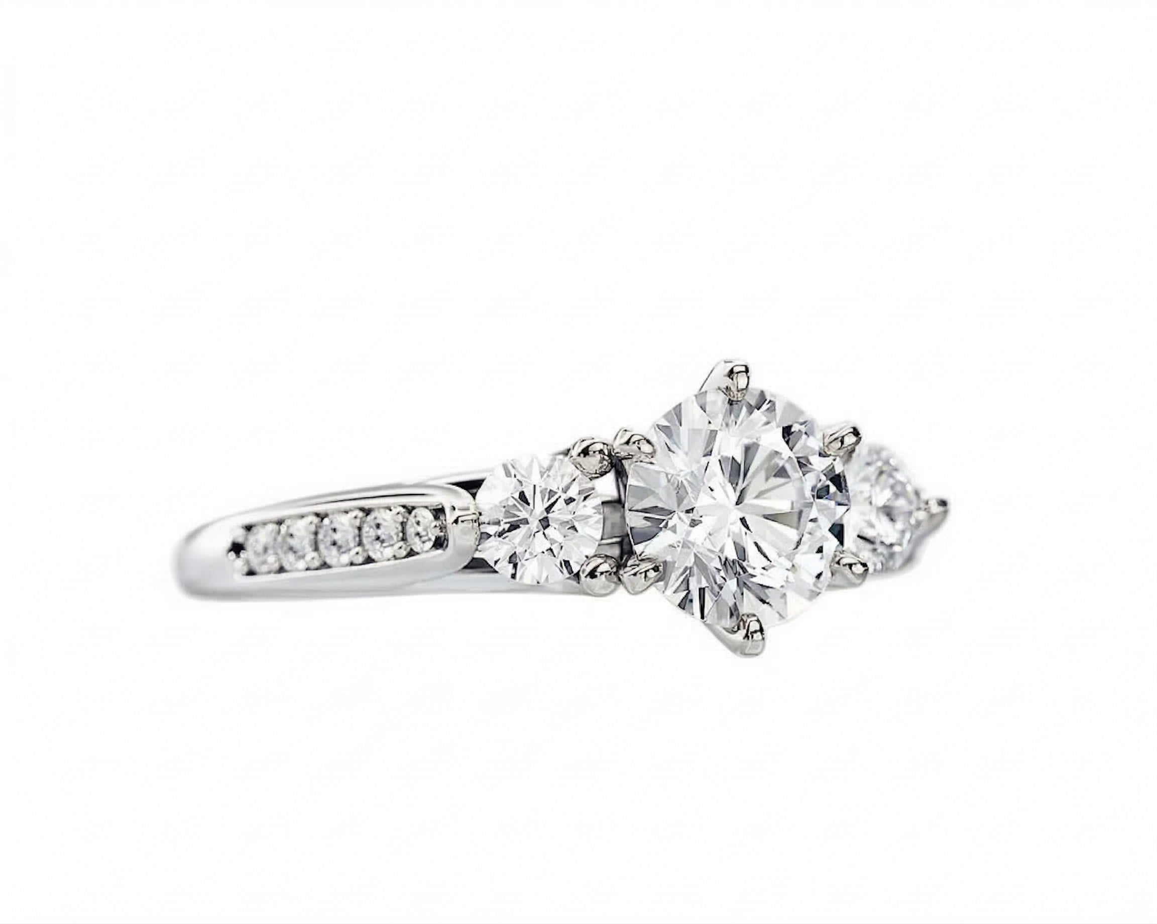Detailed side view showing the architectural baskets and shimmering pavé shank of the Legacy ring.