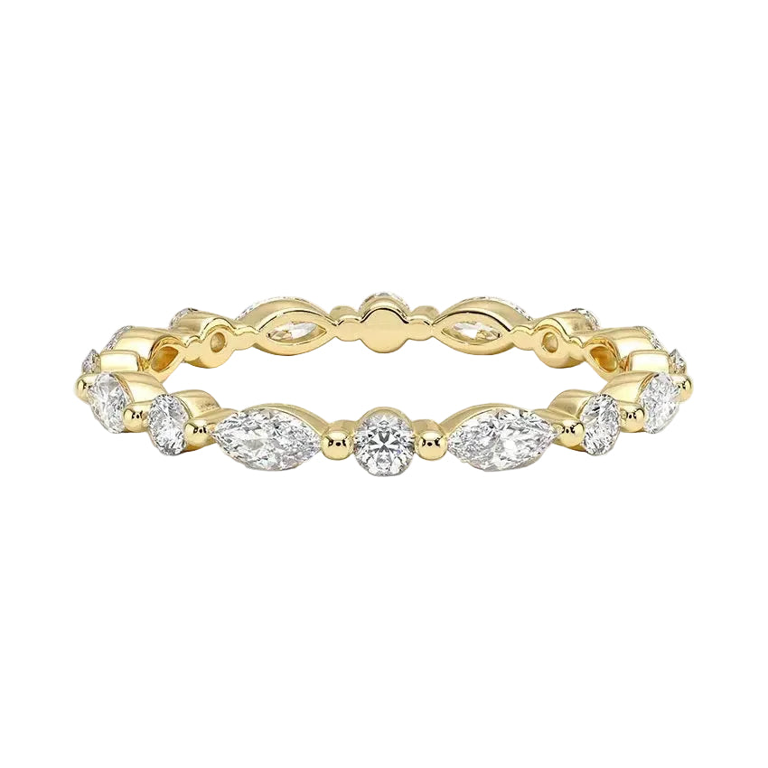Sculpted shared-prong alternating marquise and round stone full eternity band in yellow gold ApolloGem.