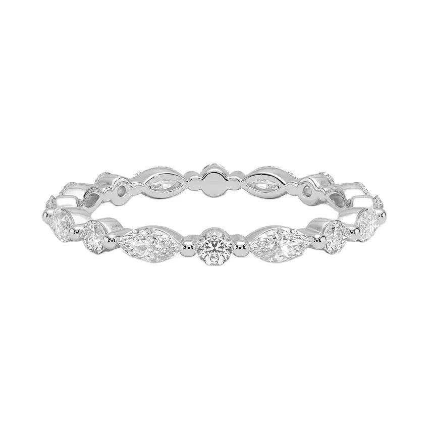 Sculpted shared-prong alternating marquise and round stone full eternity band in white gold ApolloGem.
