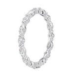 Top-down view of a D-color VVS1 alternating marquise and round stone full eternity wedding band in white gold.