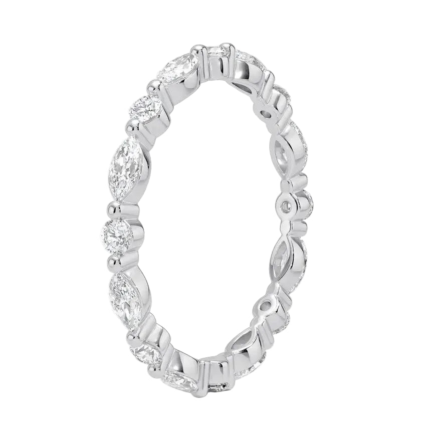 Top-down view of a D-color VVS1 alternating marquise and round stone full eternity wedding band in white gold.