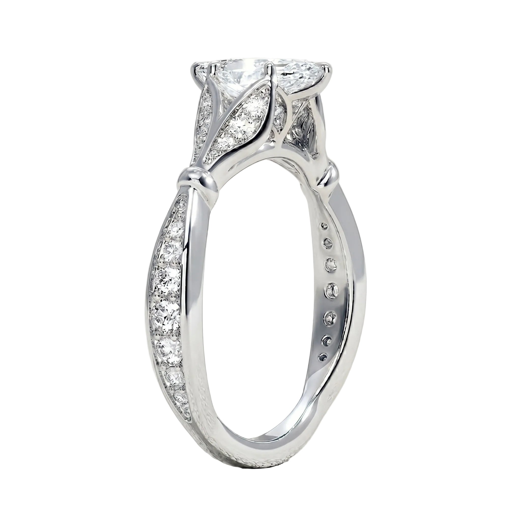Close-up of the tapered pavé band and six-prong marquise mount