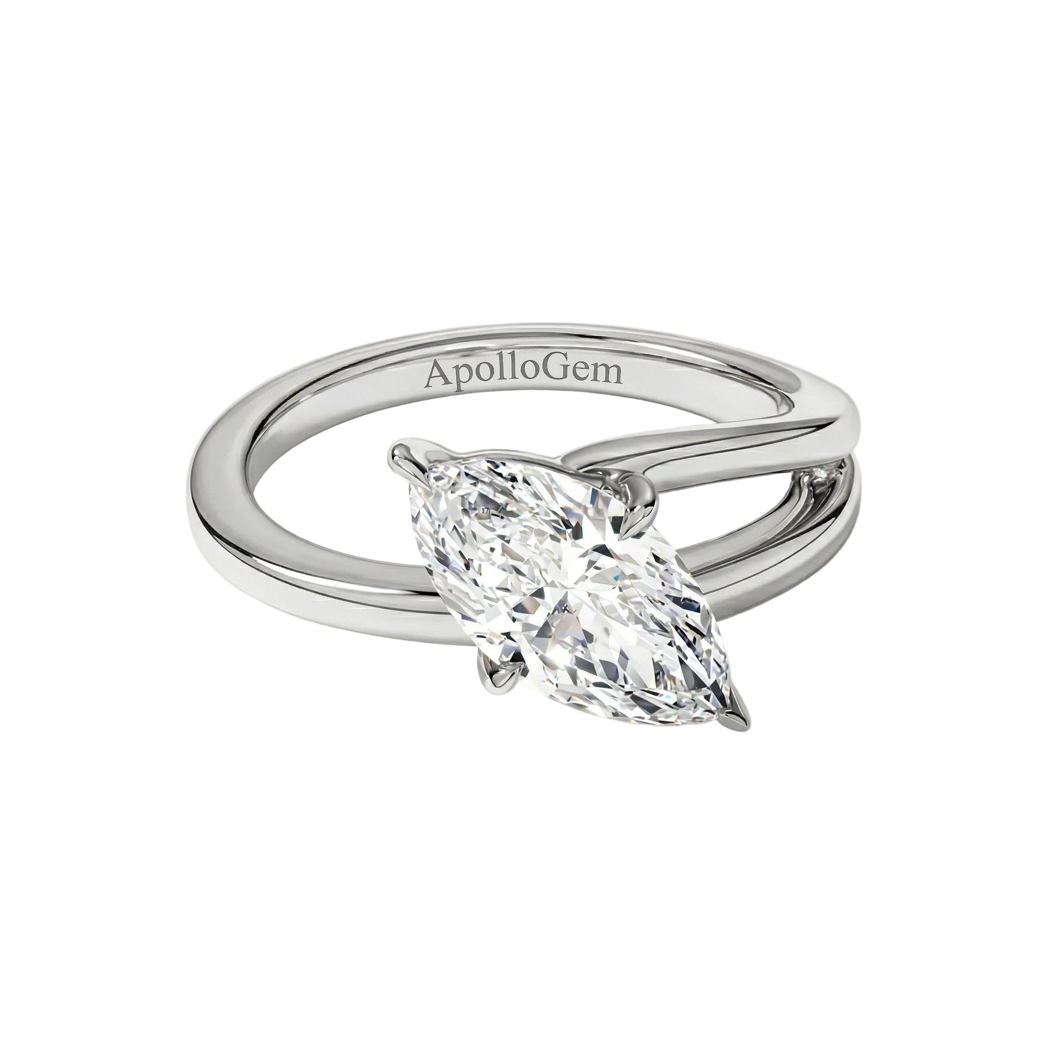 integrated secure four-prong marquise cut moissanite solitaire ring in white gold ApolloGem.
