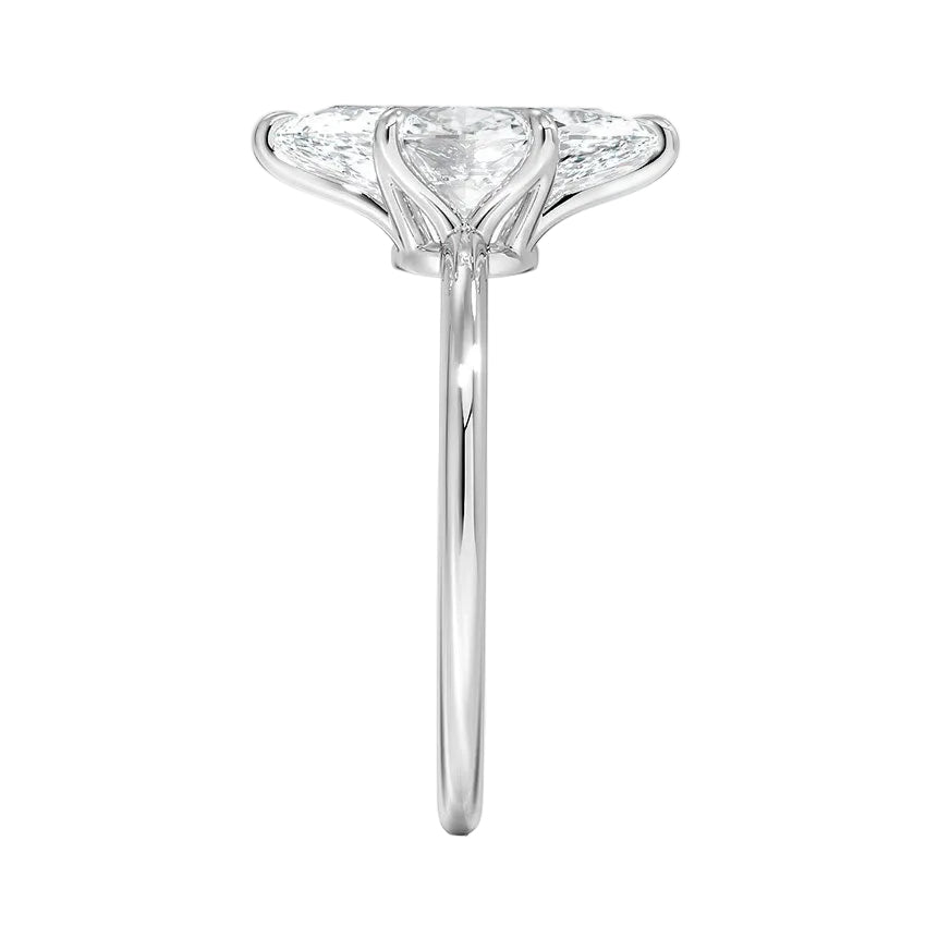 Symmetrical top-down view of a marquise moissanite solitaire in a polished white gold setting.