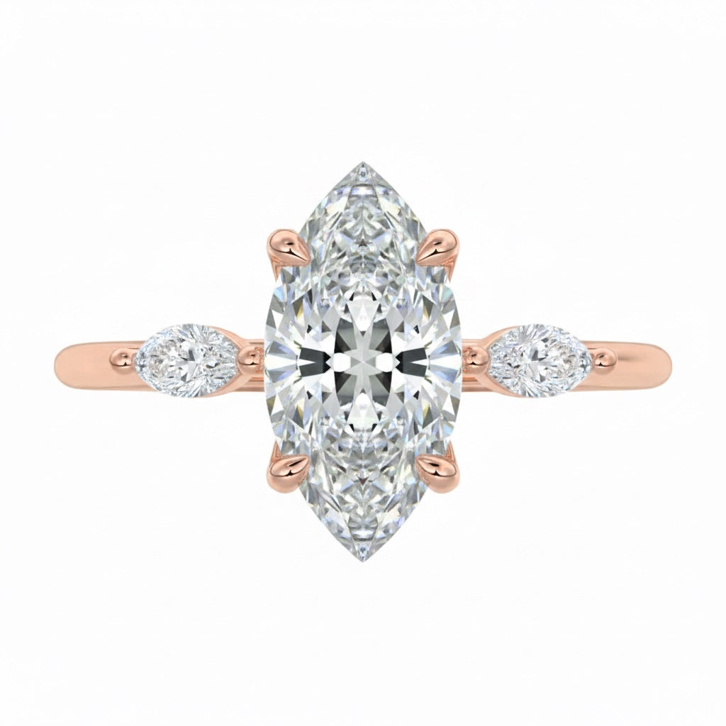 Luxury triple marquise cut moissanite engagement ring in rose gold featuring high-quality GRI certified stones ApolloGem South Africa.
