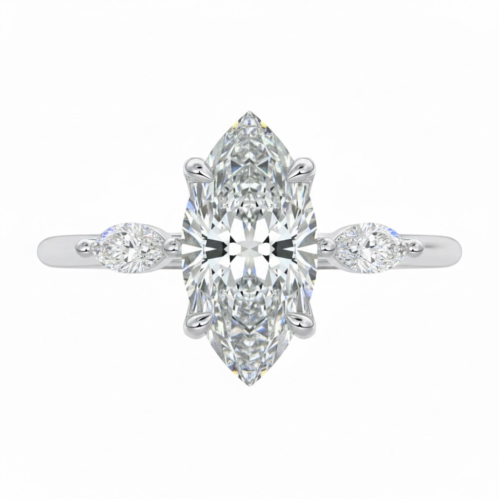 Luxury triple marquise cut moissanite engagement ring in white gold featuring high-quality GRI certified stones ApolloGem South Africa.