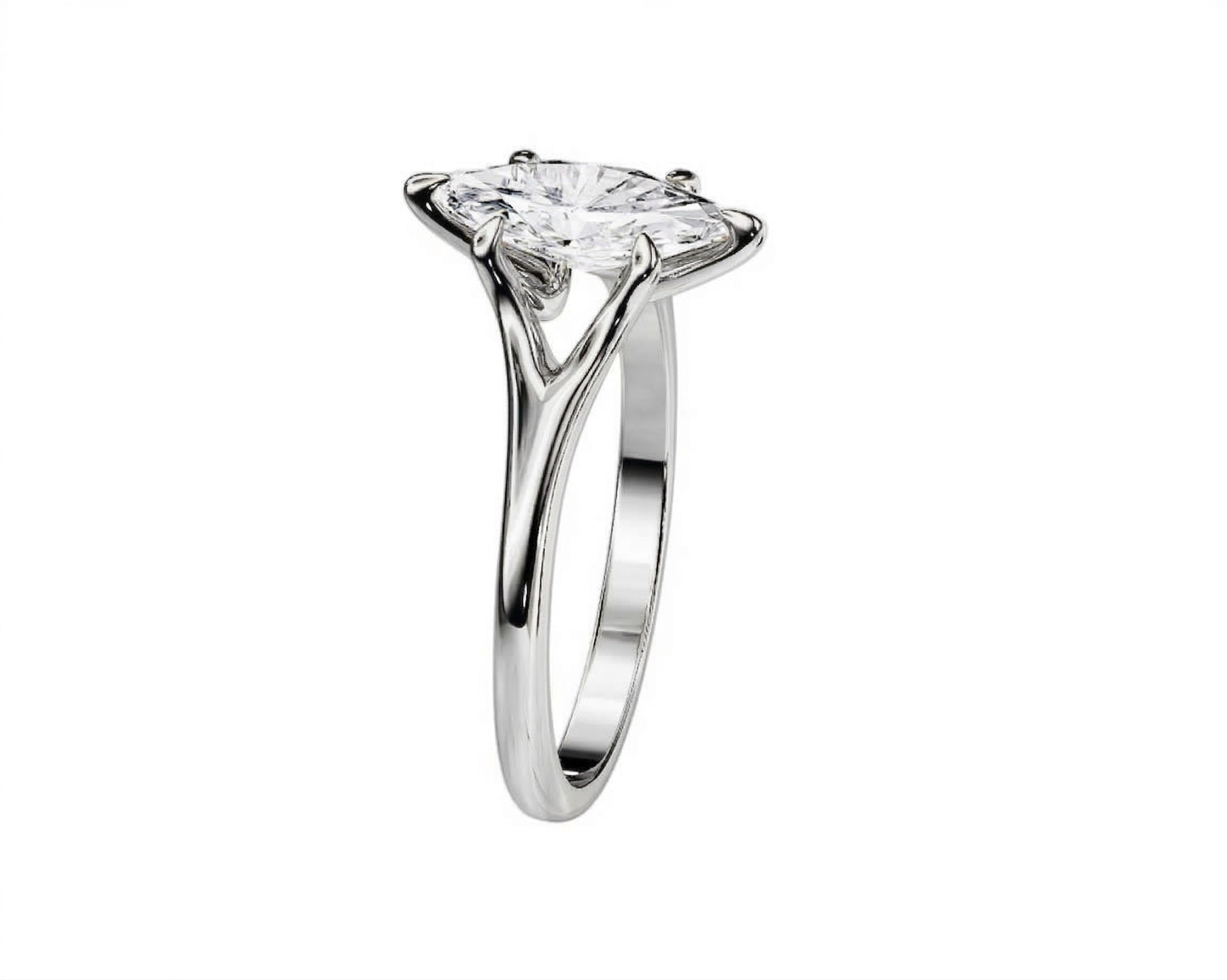 Symmetrical top-down view of a marquise moissanite solitaire in a polished white gold setting.