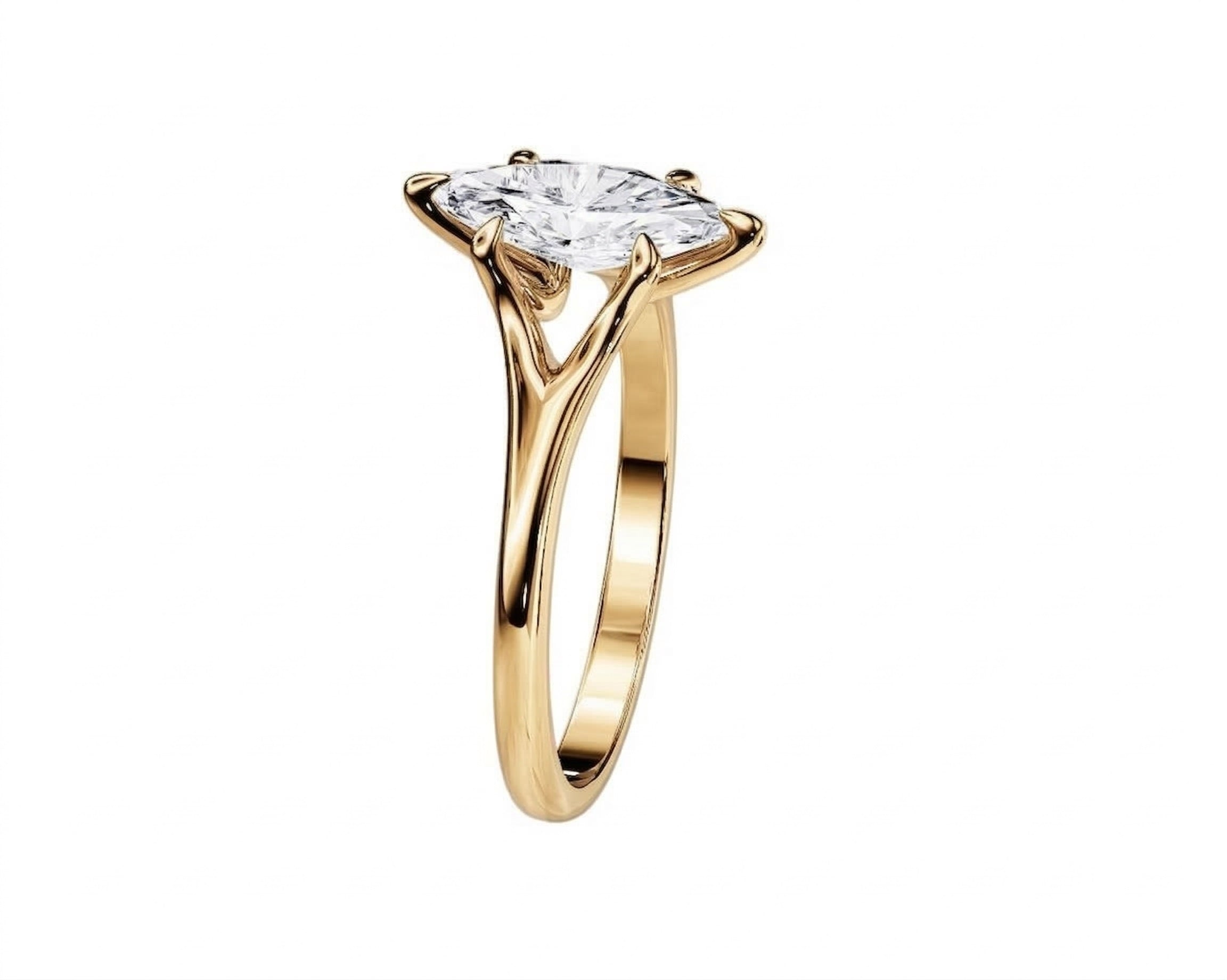 Symmetrical top-down view of a marquise moissanite solitaire in a polished yellow gold setting.