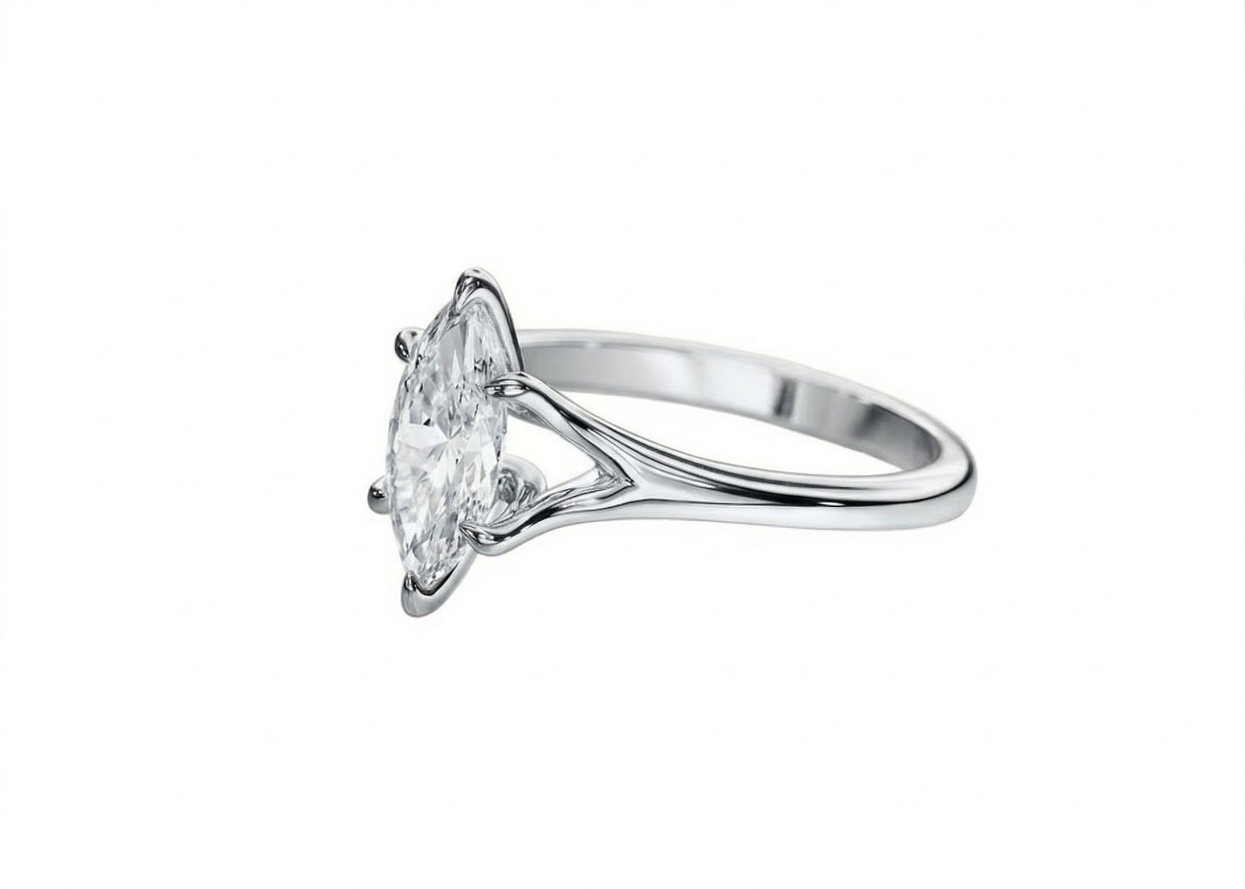 Detailed side view showing the architectural V-split shank and secure 6-prong cat-claw setting.