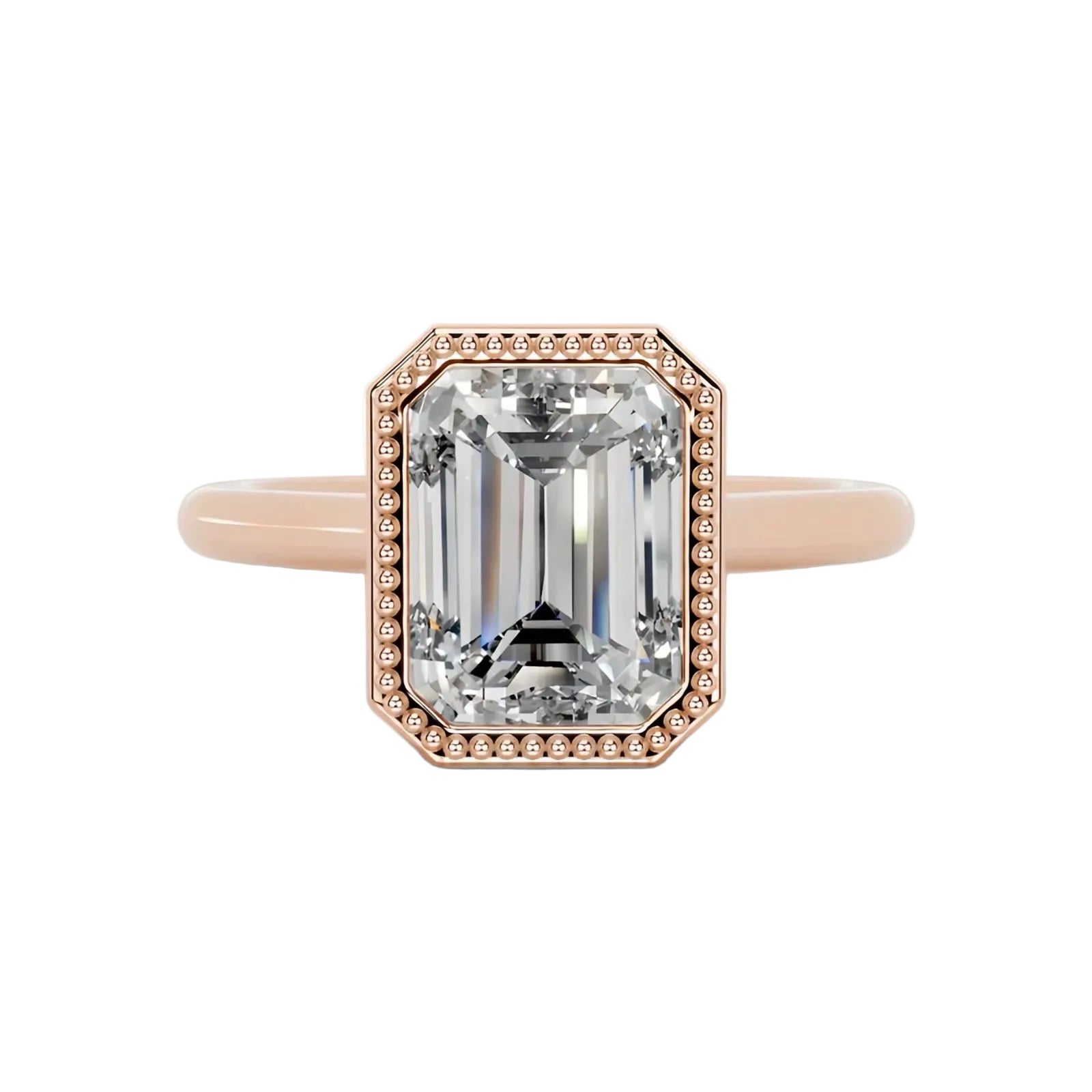 alt="An Emarald cut Moissanite engagement ring round shank with a bezel setting, on a gold band, against a white background.Moissanite engagement ring cape town south africa grand diamonds ralph jacobs jeulia 