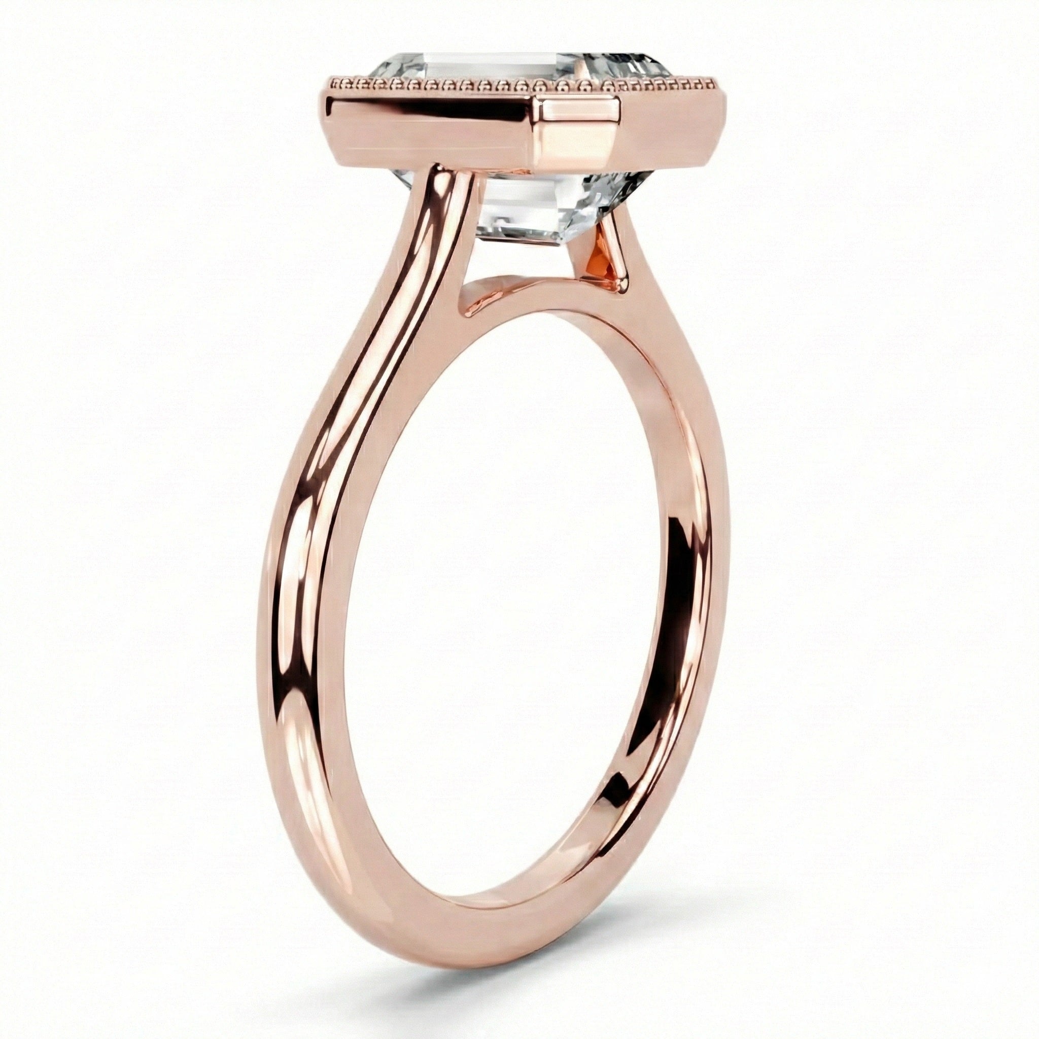 Art deco style emerald moissanite ring tube shank beaded rim Cape Town