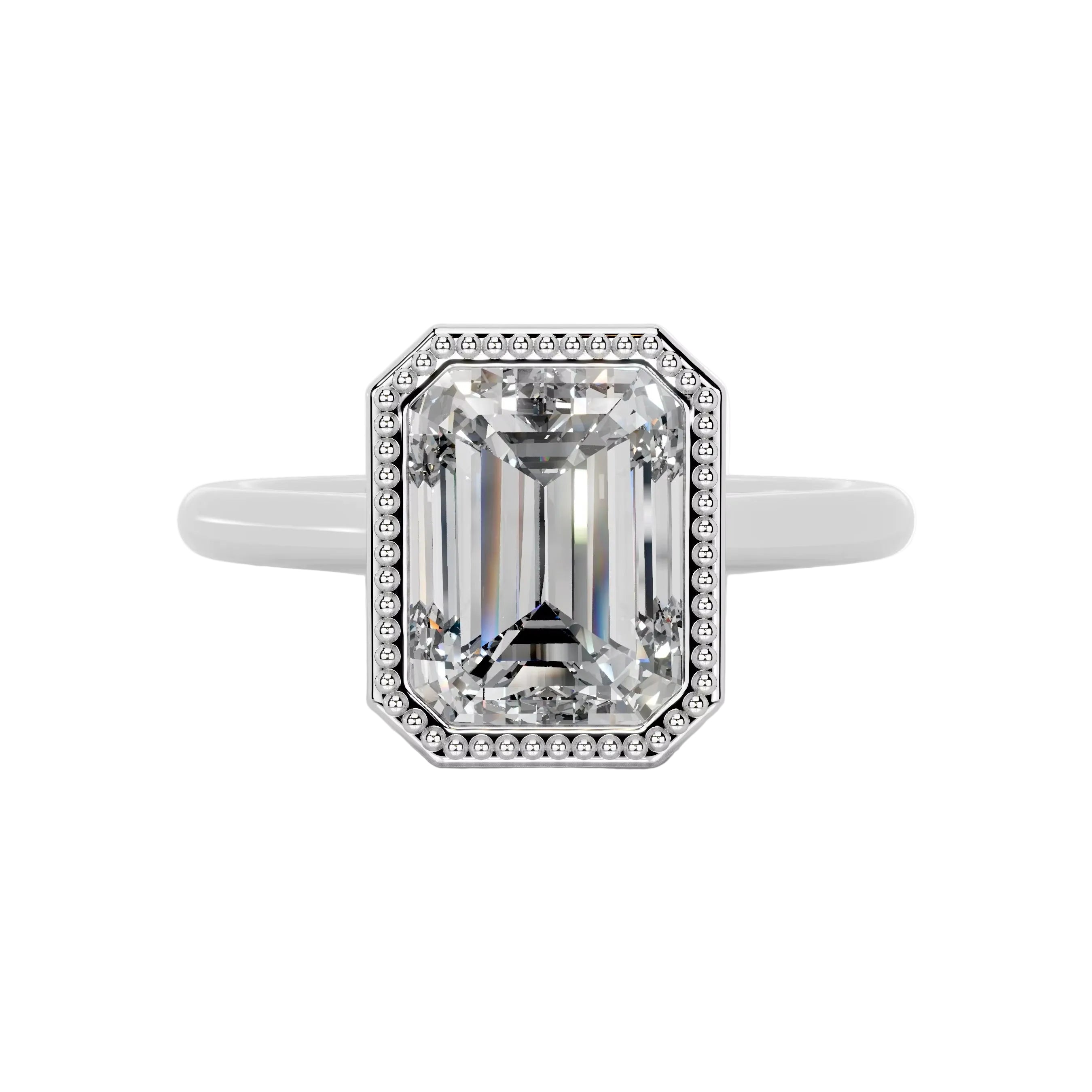 alt="An Emarald cut Moissanite engagement ring round shank with a bezel setting, on a gold band, against a white background.Moissanite engagement ring cape town south africa grand diamonds ralph jacobs jeulia 