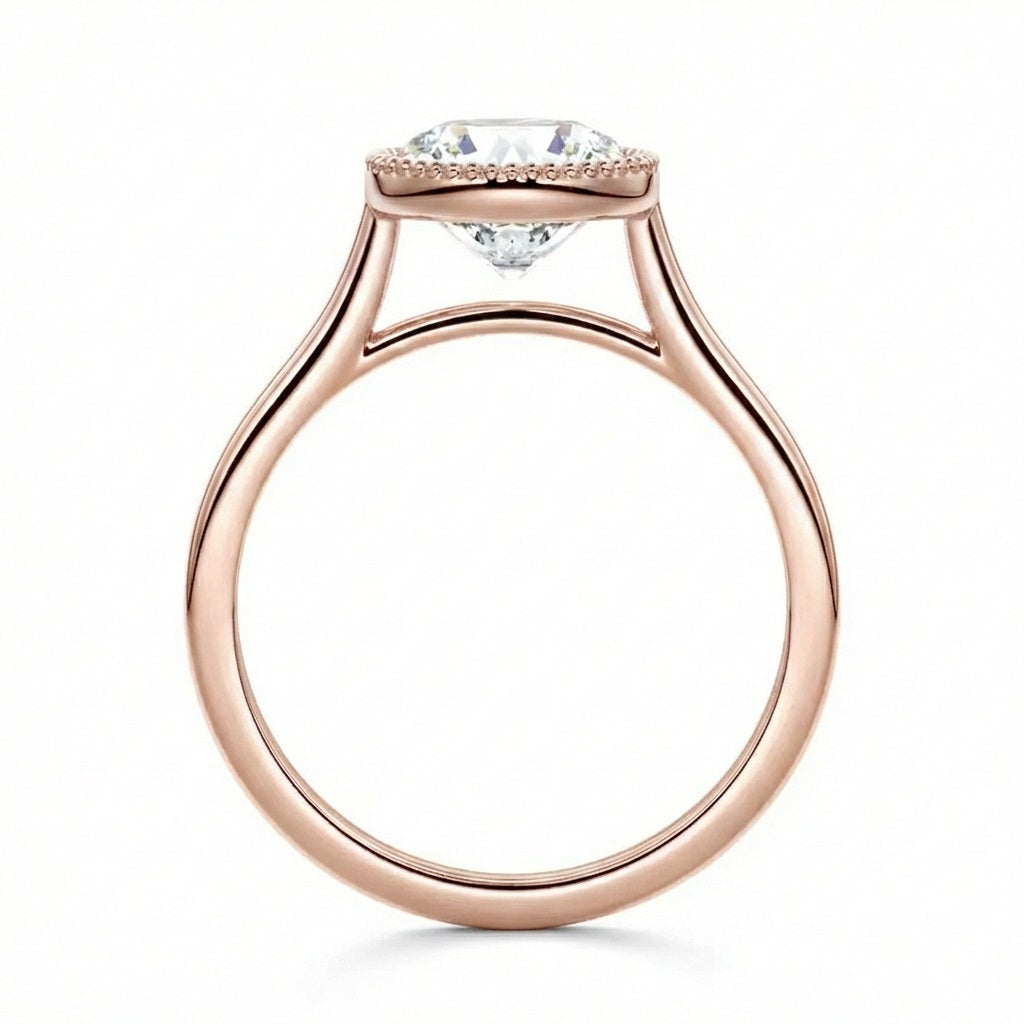 Art deco style round moissanite ring thick gold band beaded rim Cape Town