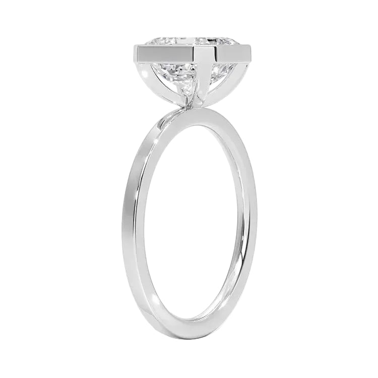 Top-down view of a D-color VVS1 Asscher stone in a polished white gold bezel