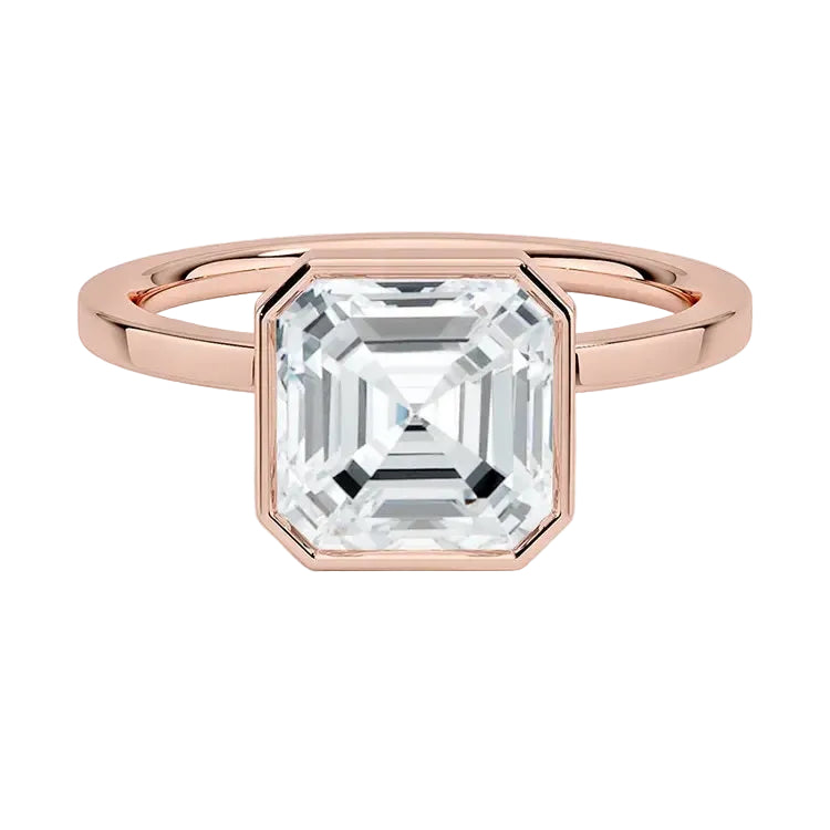 The Modern Asscher cut moissanite ring with a smooth rose gold bezel ApolloGem