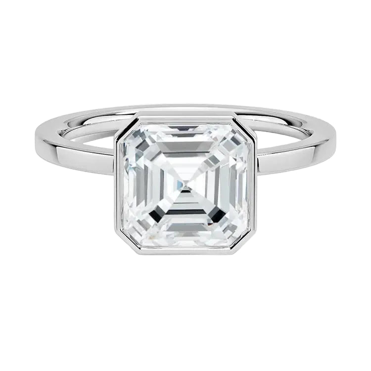 The Modern Asscher cut moissanite ring with a smooth white gold bezel ApolloGem