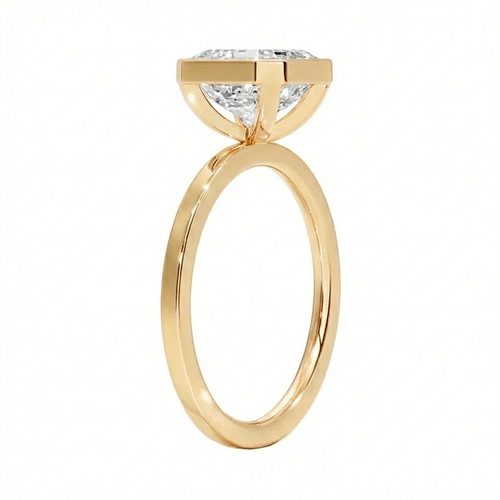 Bezel set asscher cut engagement ring yellow gold modern style South Africa