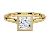 Modern bezel set princess cut moissanite solitaire ring in yellow gold ApolloGem