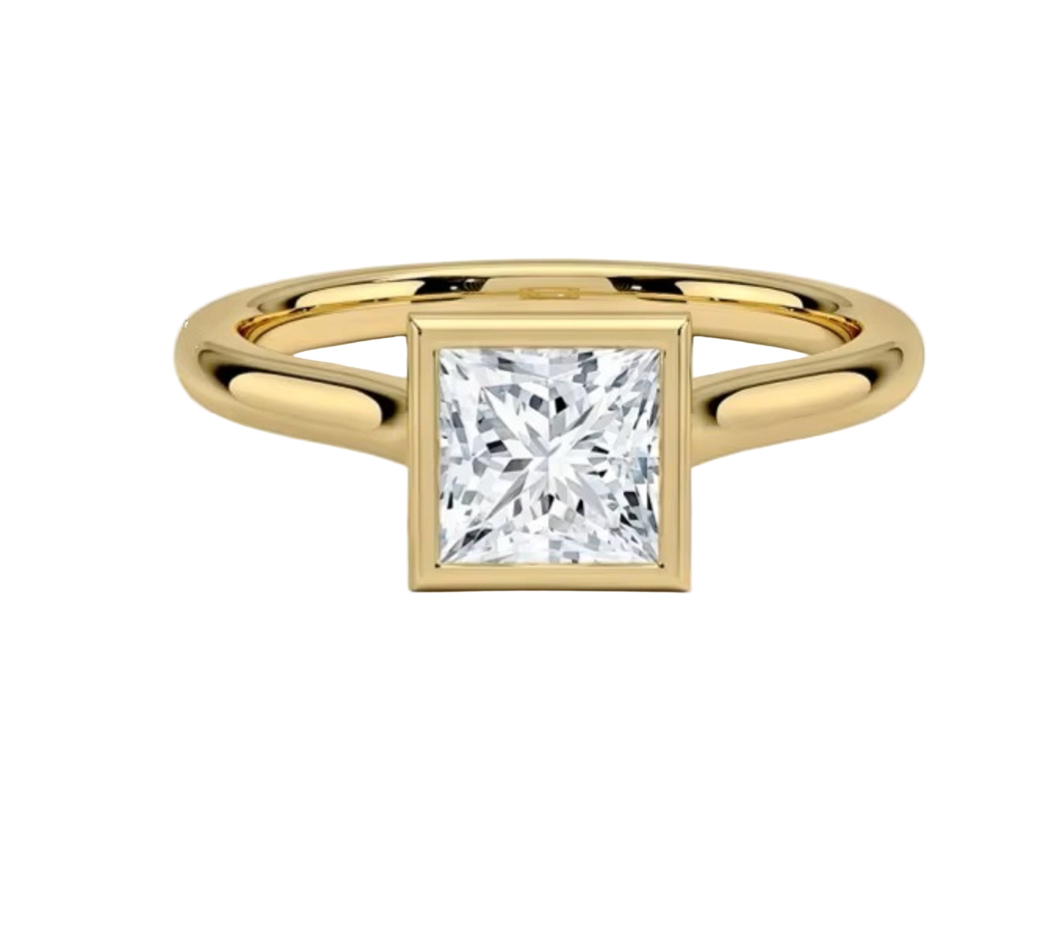 Princess cut Moissanite lab grown diamond engagement ring round shank with a bezel setting, on a gold band, against a white background.Moissanite engagement ring cape town south africa grand diamonds ralph jacobs jeulia 