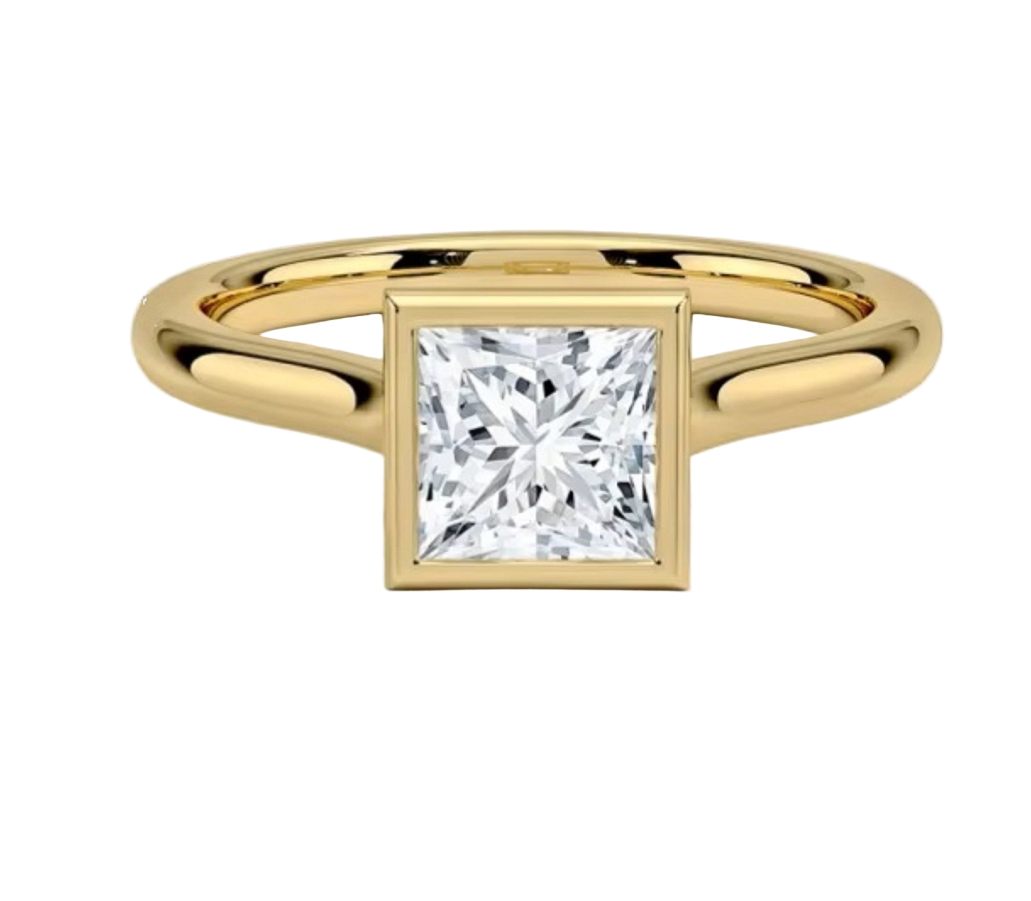 Modern bezel set princess cut moissanite solitaire ring in yellow gold ApolloGem