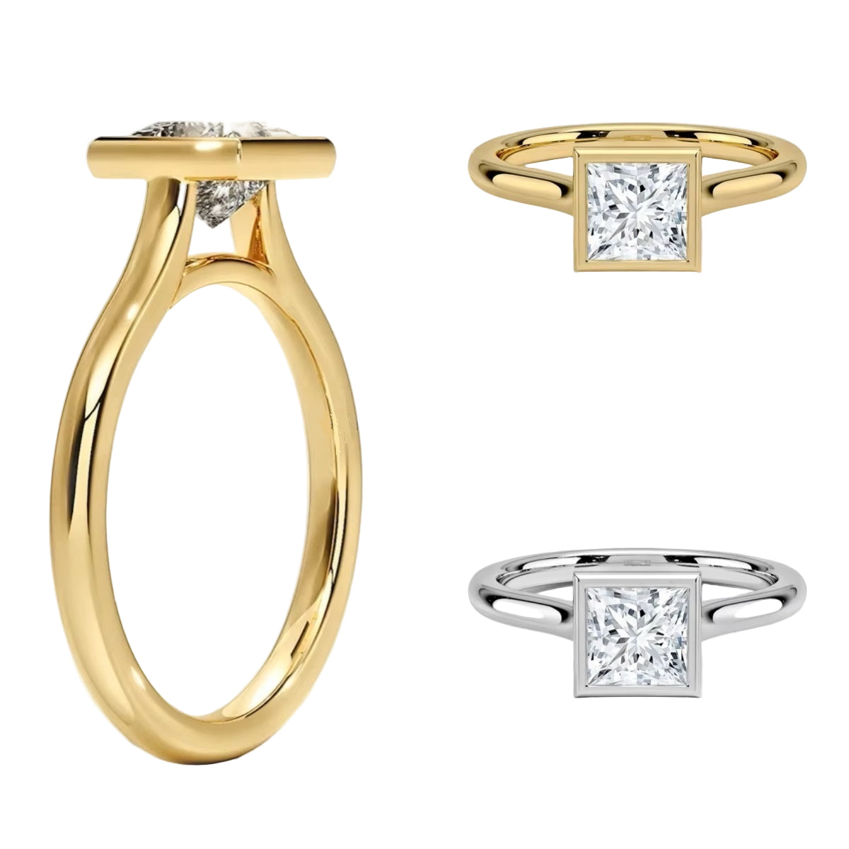 Princess cut Moissanite lab grown diamond engagement ring round shank with a bezel setting, on a gold band, against a white background.Moissanite engagement ring cape town south africa grand diamonds ralph jacobs jeulia 