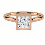Modern bezel set princess cut moissanite solitaire ring in rose gold ApolloGem