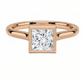 Modern bezel set princess cut moissanite solitaire ring in rose gold ApolloGem