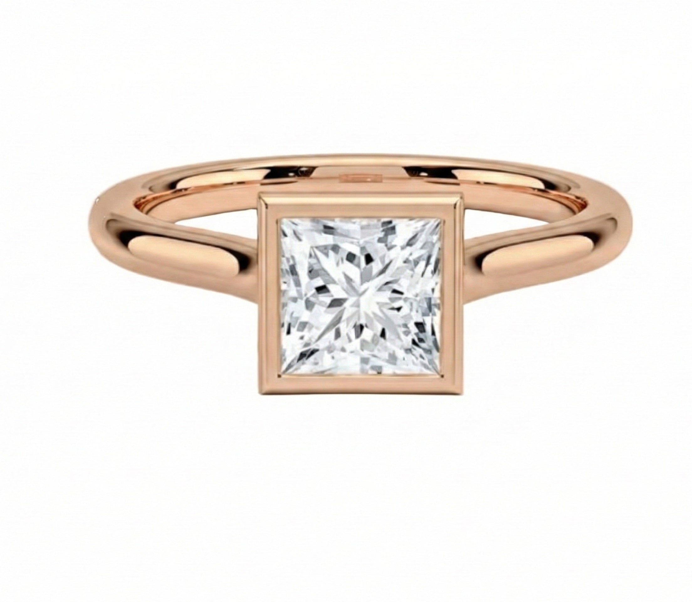 Modern bezel set princess cut moissanite solitaire ring in rose gold ApolloGem