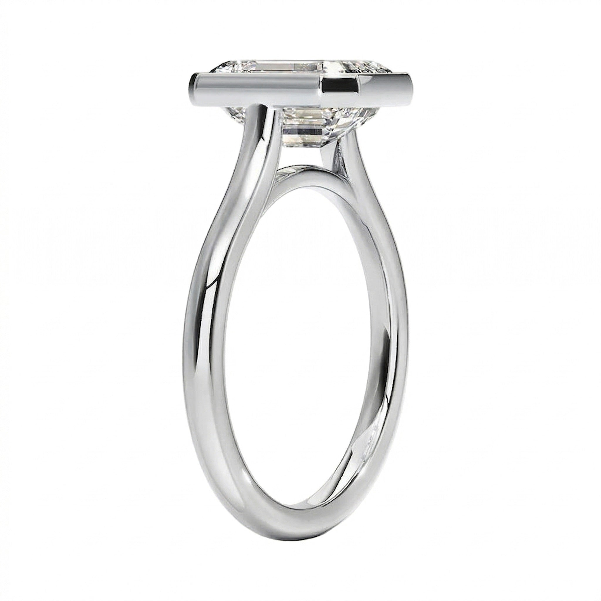 Top-down view of a D-color VVS1 princess stone in a polished white gold bezel setting.