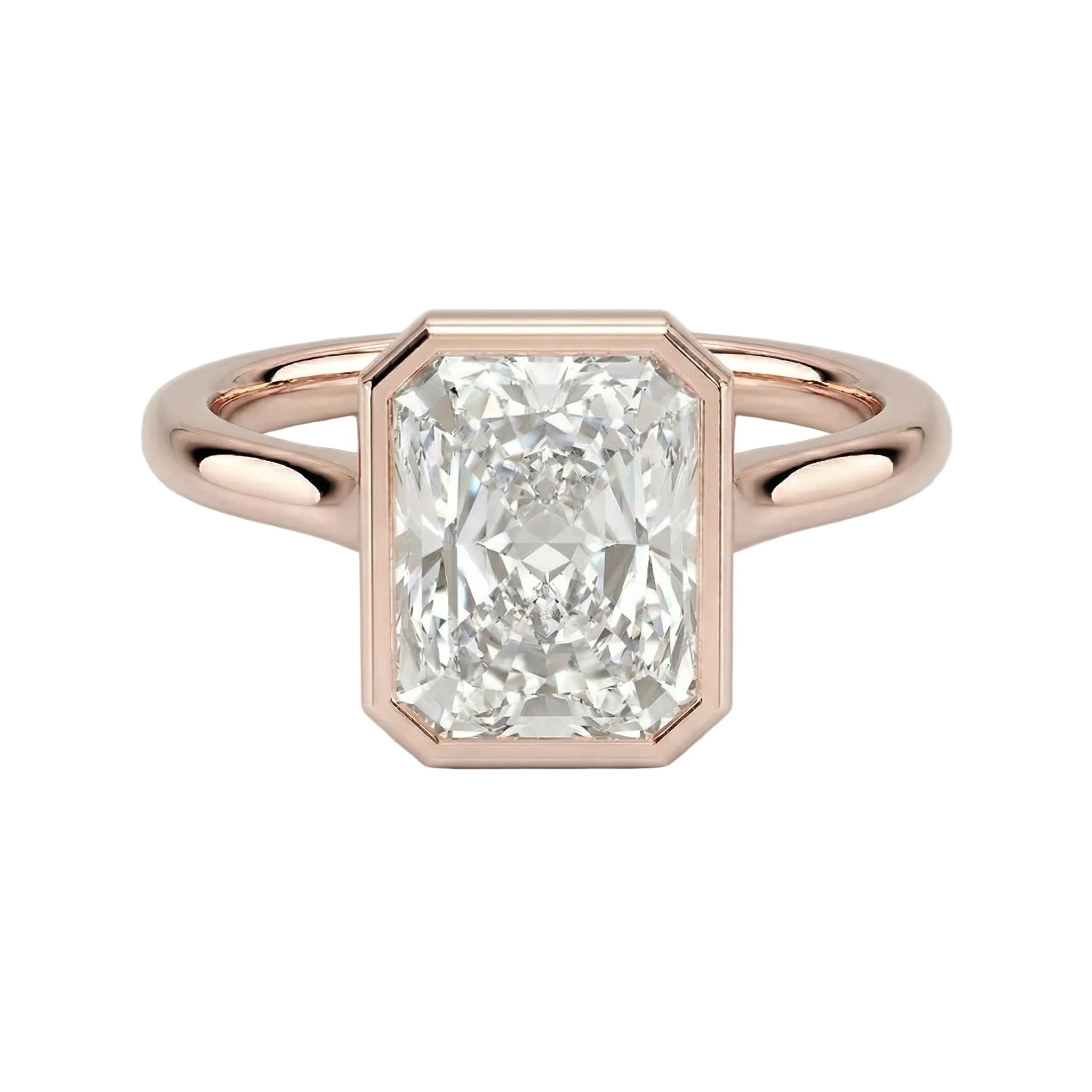 The Modern Radiant cut moissanite solitaire ring with a smooth rose gold bezel ApolloGem
