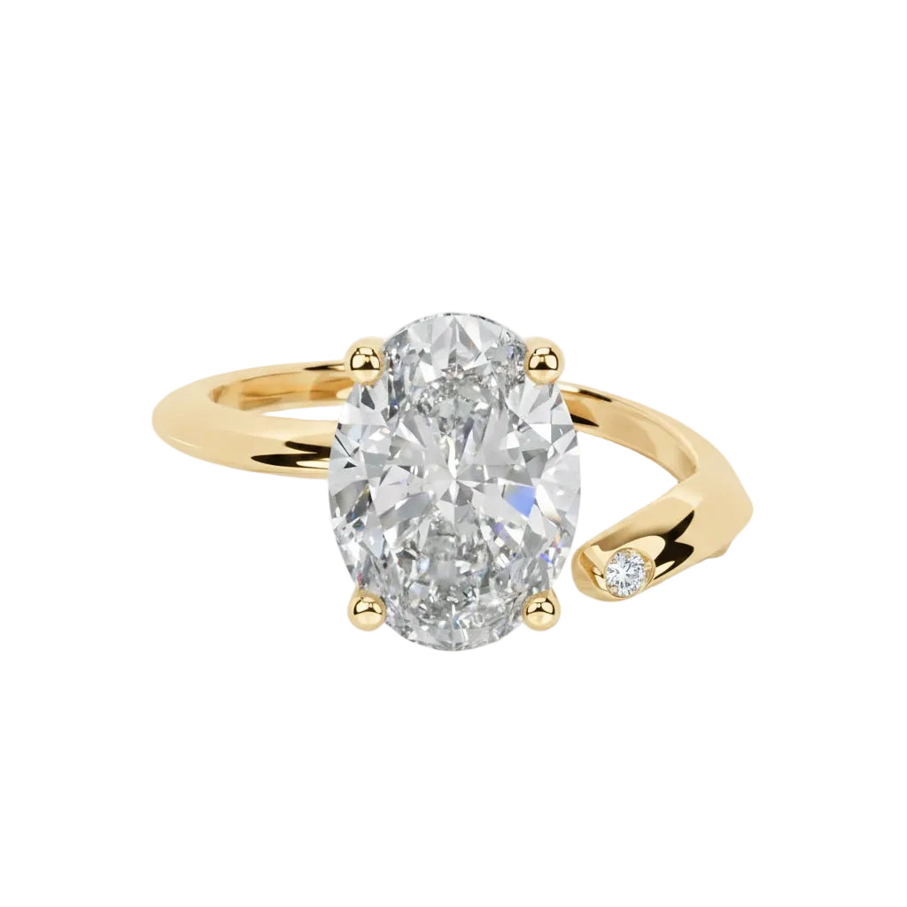 Luxury oval cut moissanite engagement ring with a modern bypass asymmetrical band in yellow gold ApolloGem South Africa.