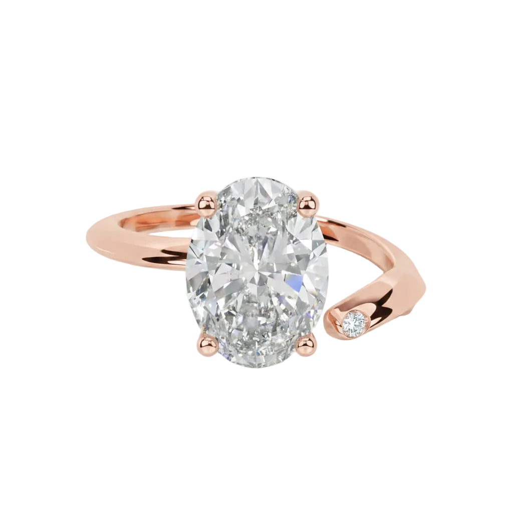 Luxury oval cut moissanite engagement ring with a modern bypass asymmetrical band in rose gold ApolloGem South Africa.