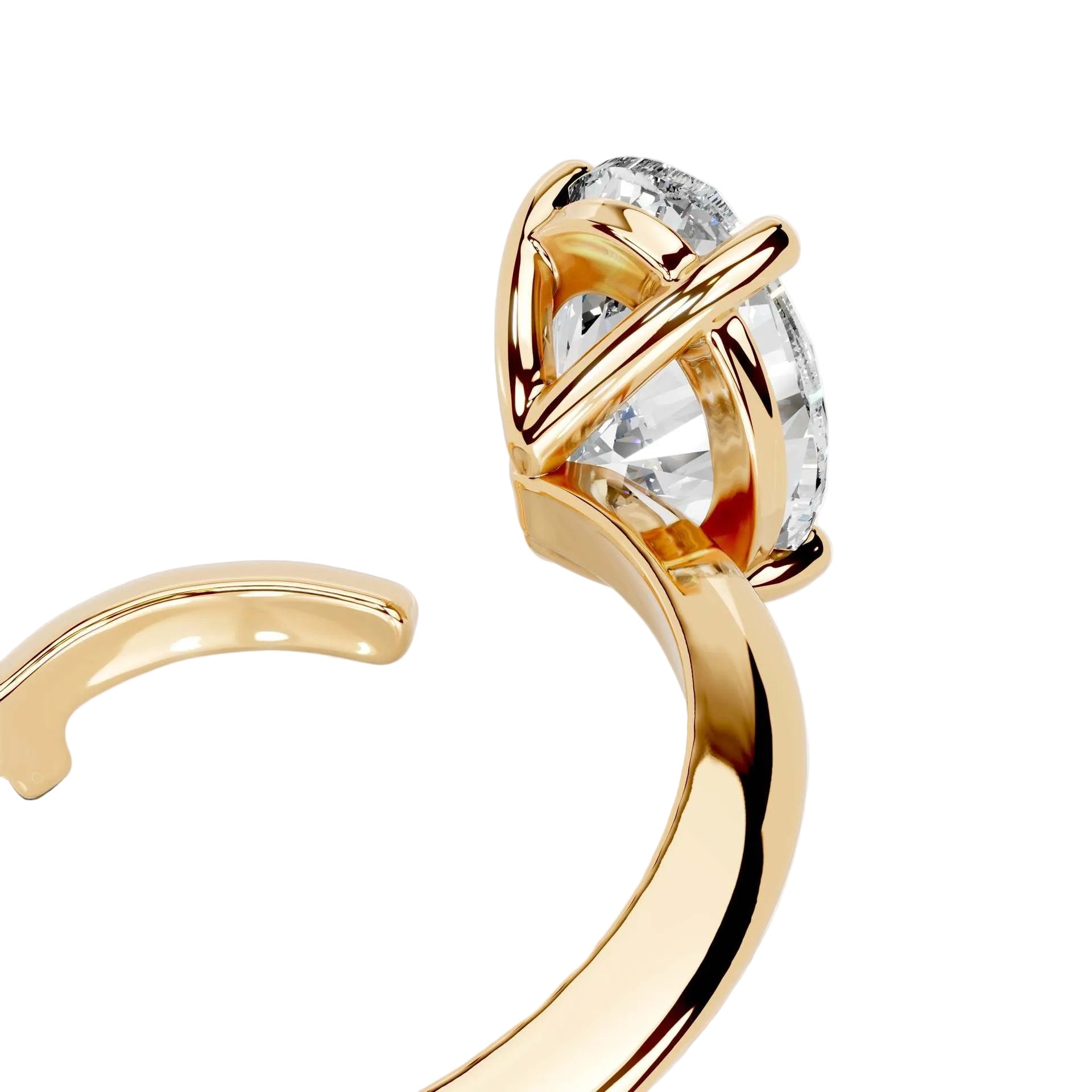 Detailed side view of an open-ended bypass ring showing the floating oval moissanite and professional prong setting.