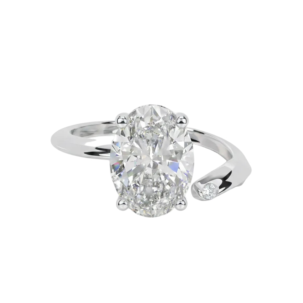 Luxury oval cut moissanite engagement ring with a modern bypass asymmetrical band in white gold ApolloGem South Africa.