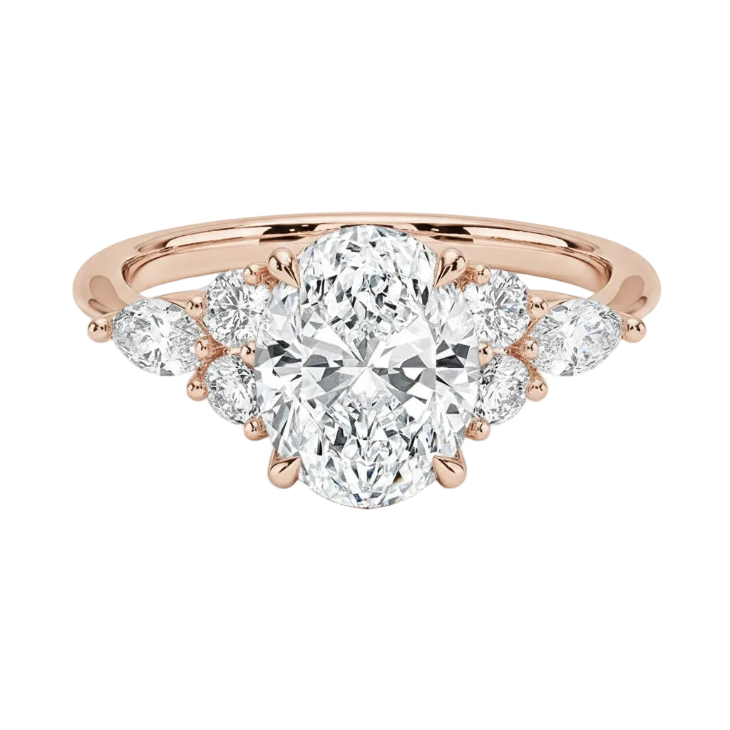Luxury oval cut moissanite engagement ring in rose gold featuring an organic cluster of round and marquise side stones ApolloGem South Africa.