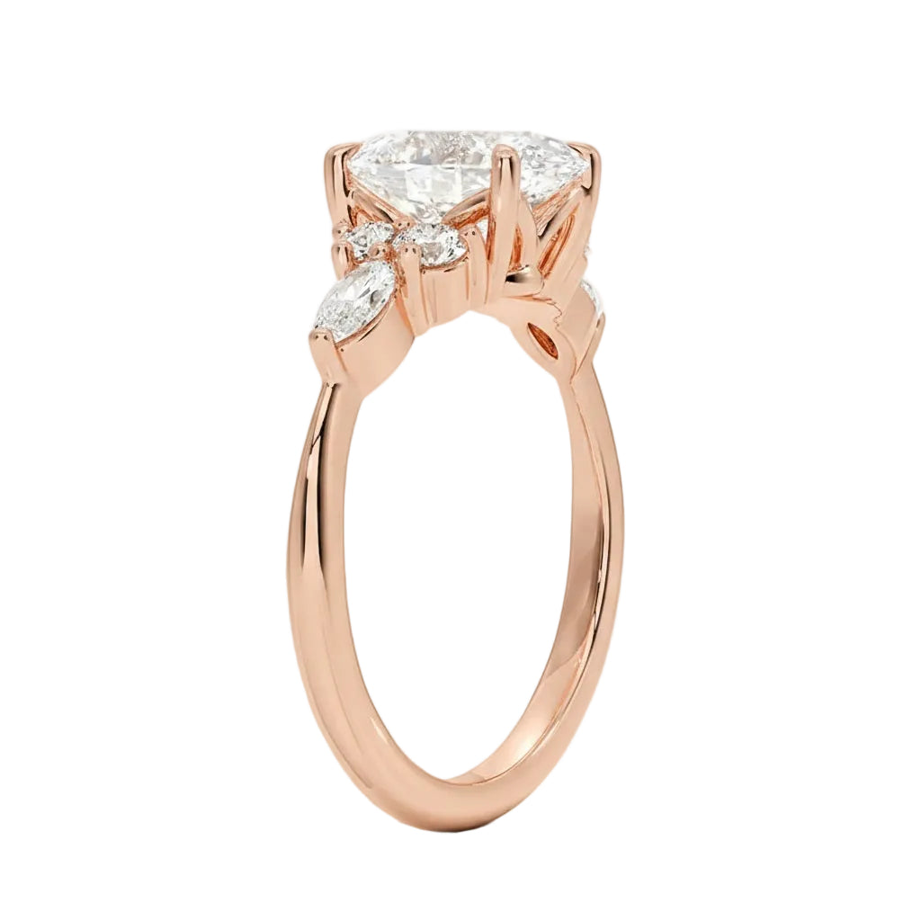 Top-down view of a symmetrical oval moissanite ring with leaf-like marquise and round accents on a polished comfort-fit shank.