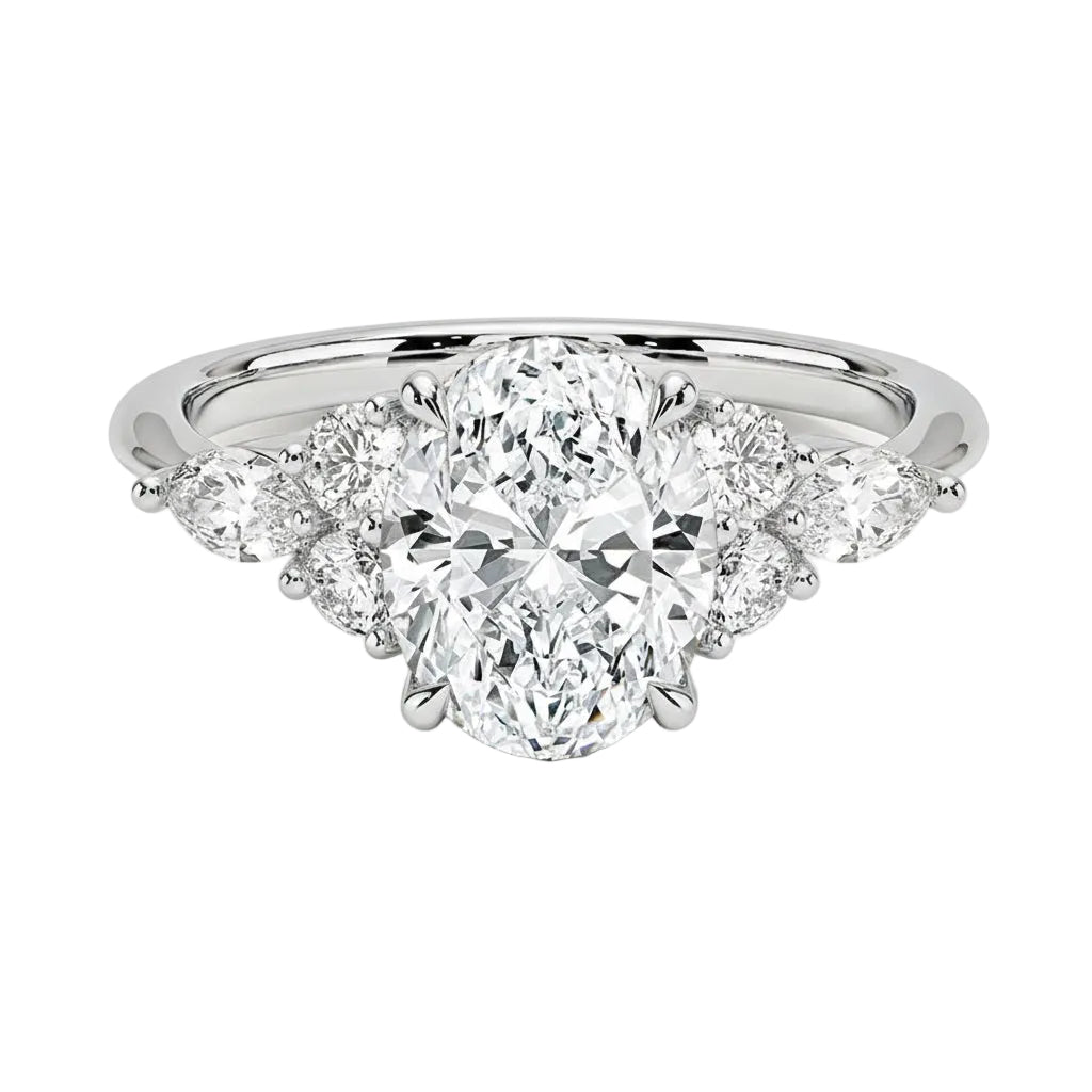 Diamond ring with a central gemstone and smaller stones on a white background