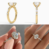 Modern constellation-style oval engagement ring on a finger showing the organic alternating sparkle and polished gold band.