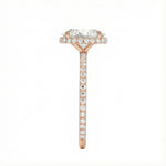 Top view of a brilliant oval moissanite ring with a shimmering pavé-set shank from ApolloGem Cape Town.