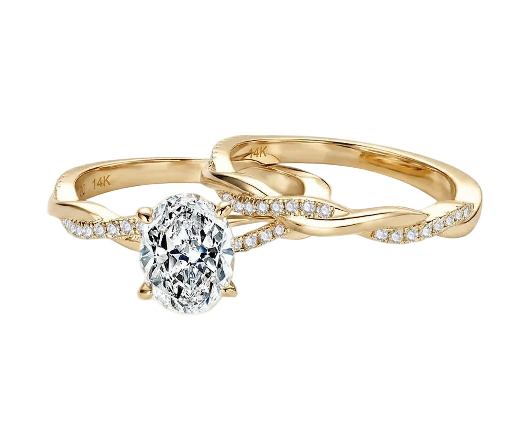 Oval moissanite engagement ring with matching twisted infinity wedding band Duo Collection ApolloGem.