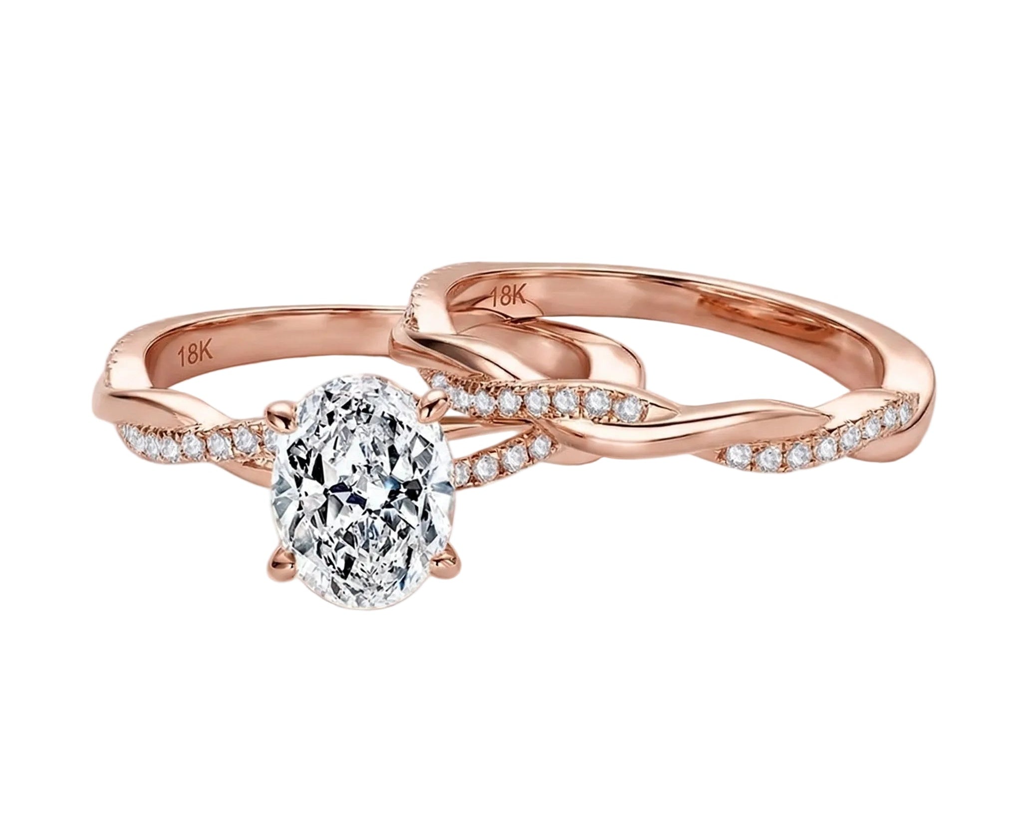 Oval moissanite engagement ring with matching twisted infinity wedding band Duo Collection ApolloGem.