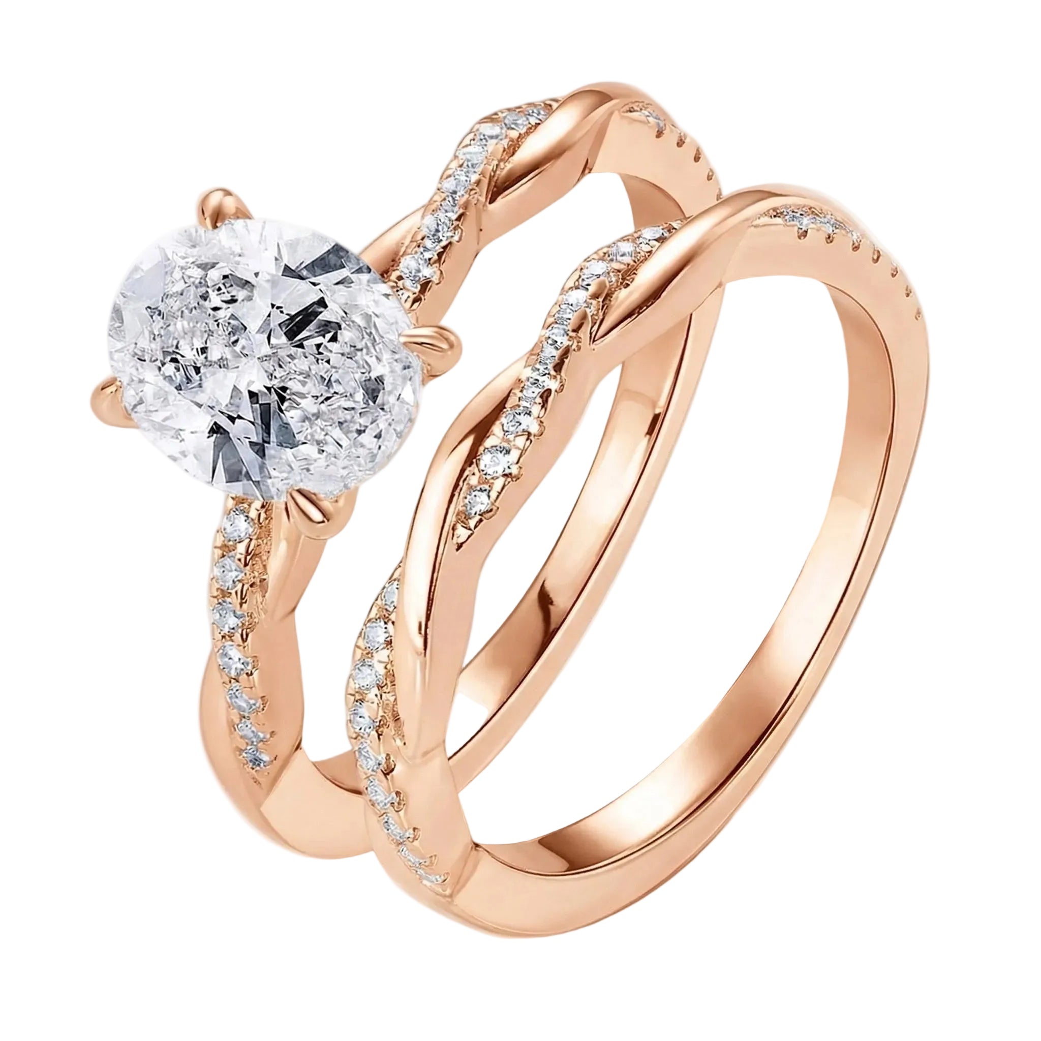 Detailed side view of the Oval Duo Infinity set showing the intertwined pavé gold bands.