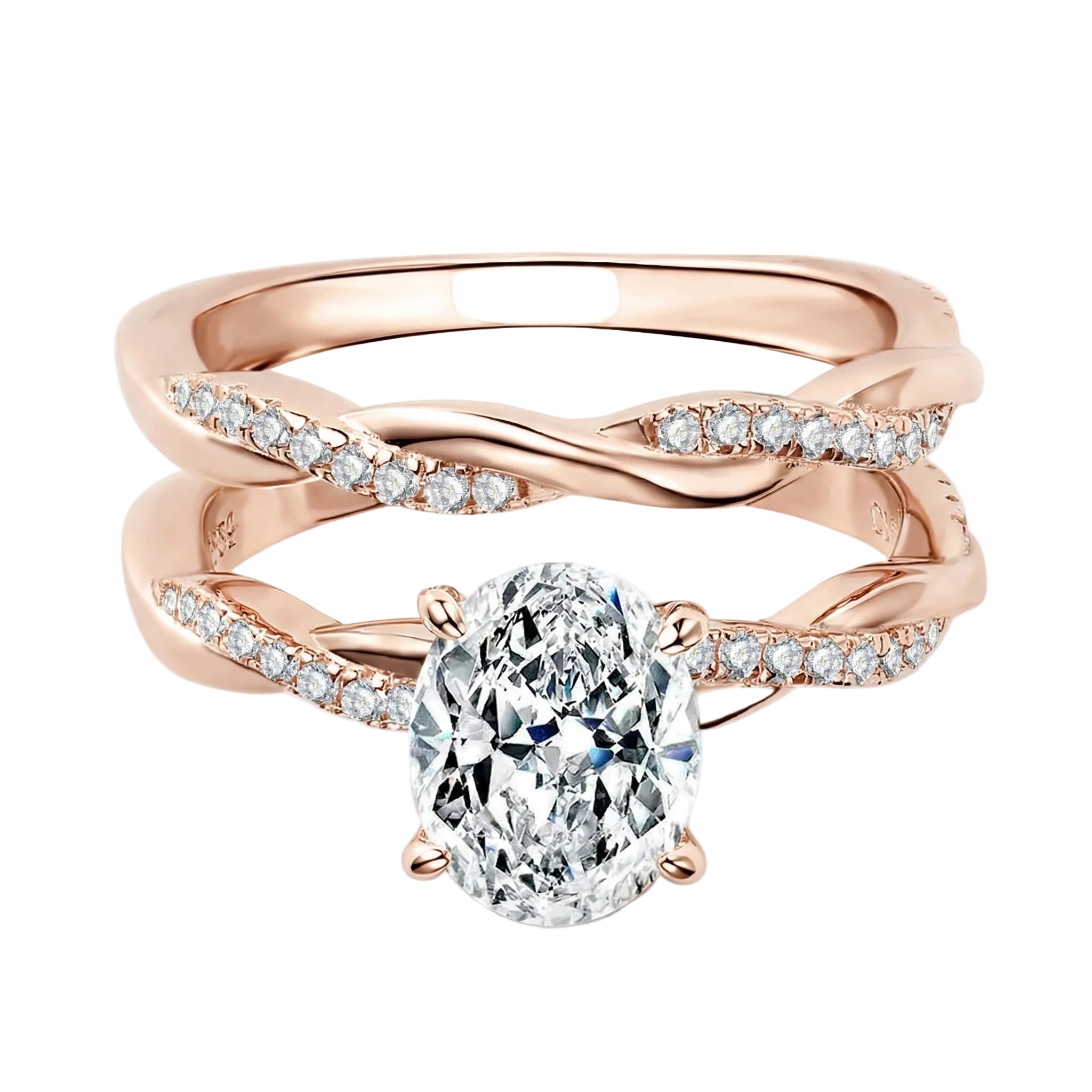 Close-up of a D-color VVS1 oval moissanite in a micro-pavé twisted bridal setting.