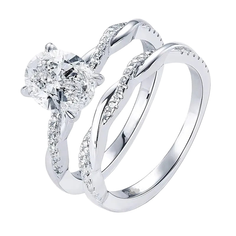 Detailed side view of the Oval Duo Infinity set showing the intertwined pavé gold bands.